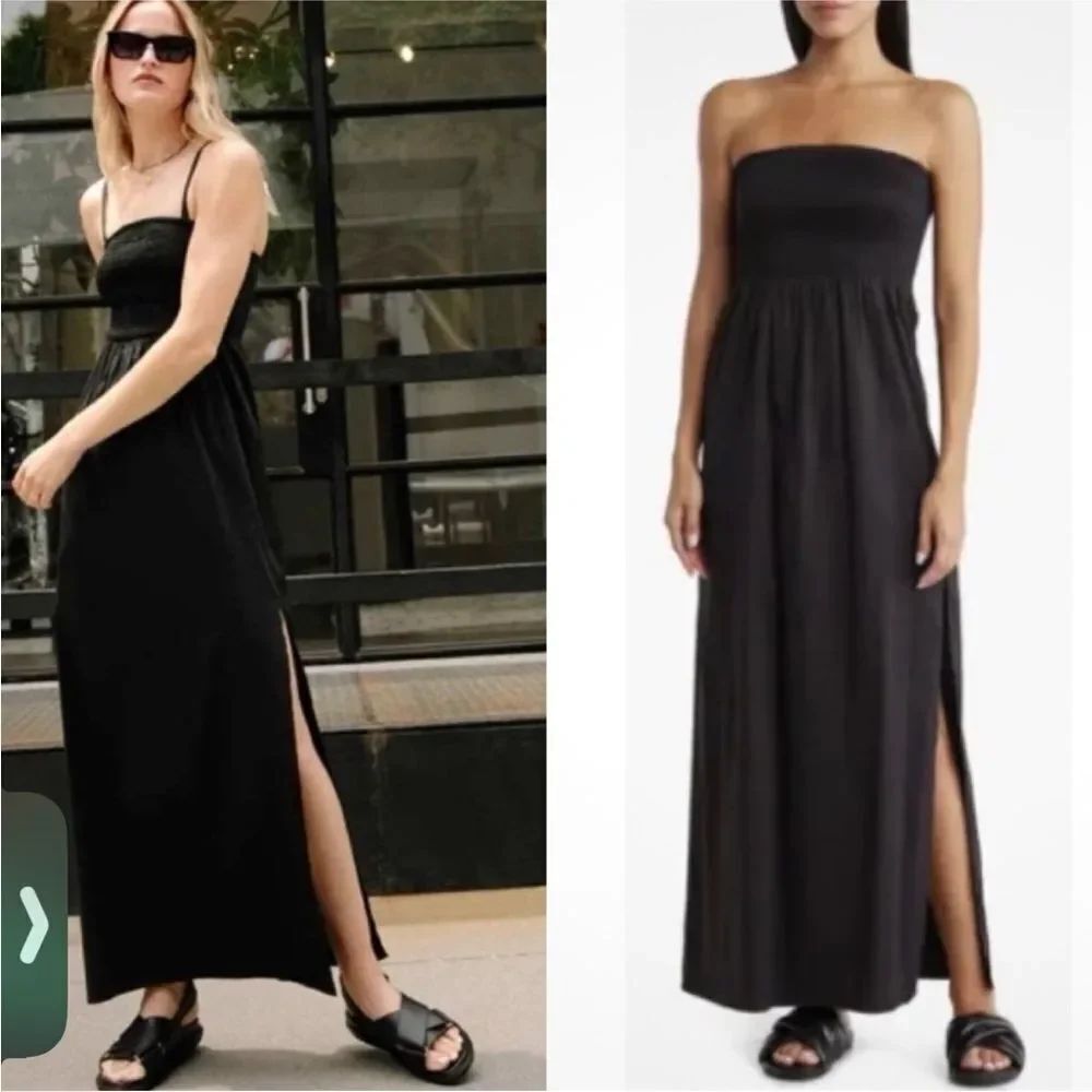 Favorite Daughter Black Apartment Smocked Adjustable Strap Side Slit Maxi Dress